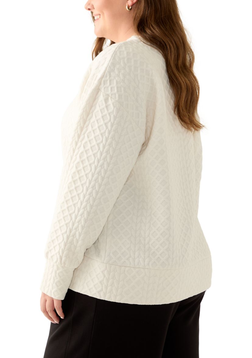 Plus Size Long Sleeve Textured Crew Sweater with Side Zips
