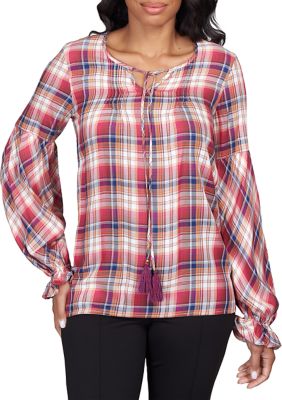 Women's Plaid Woven Top with Tassels