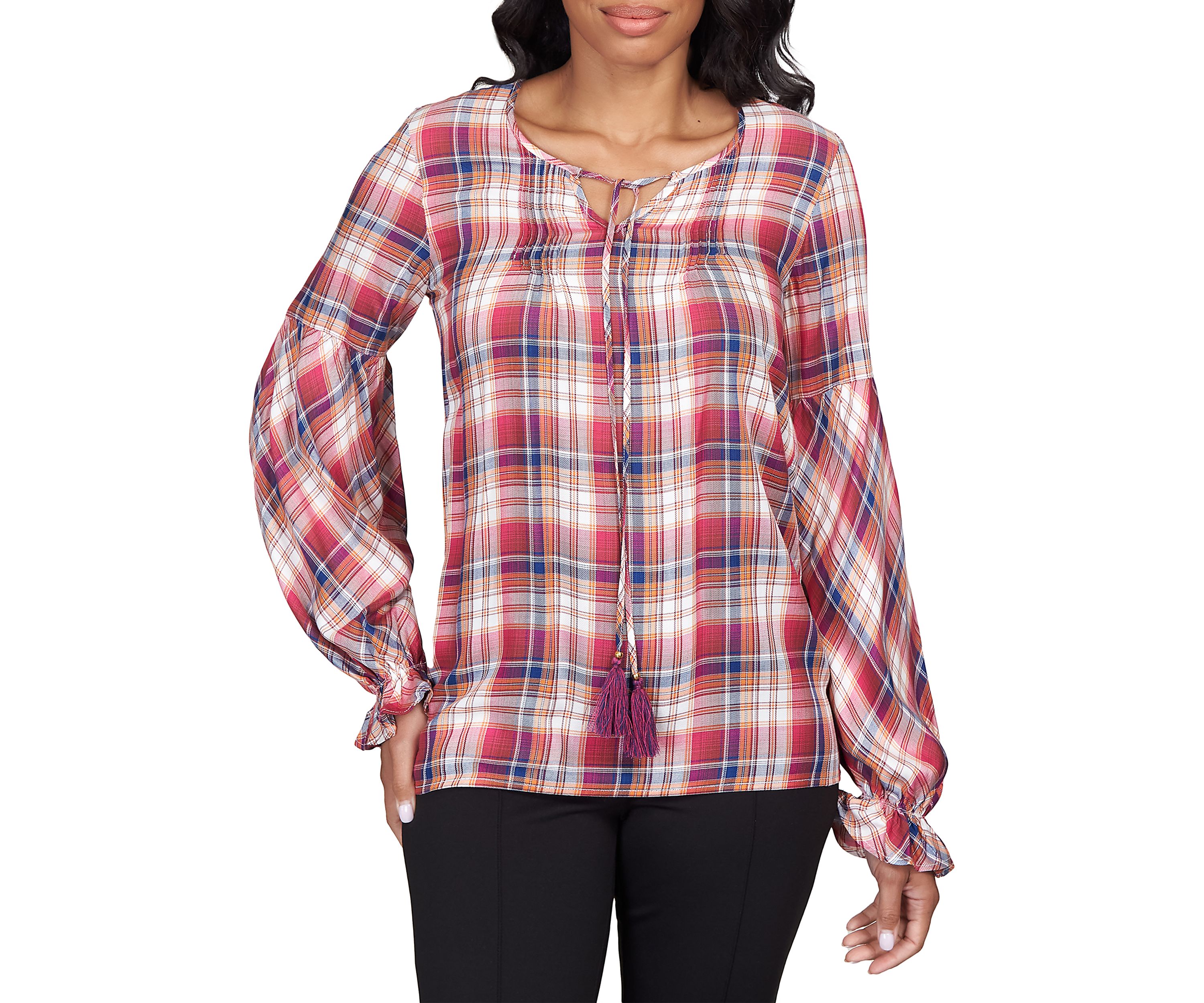 Womens Plaid Woven Top with Tassels