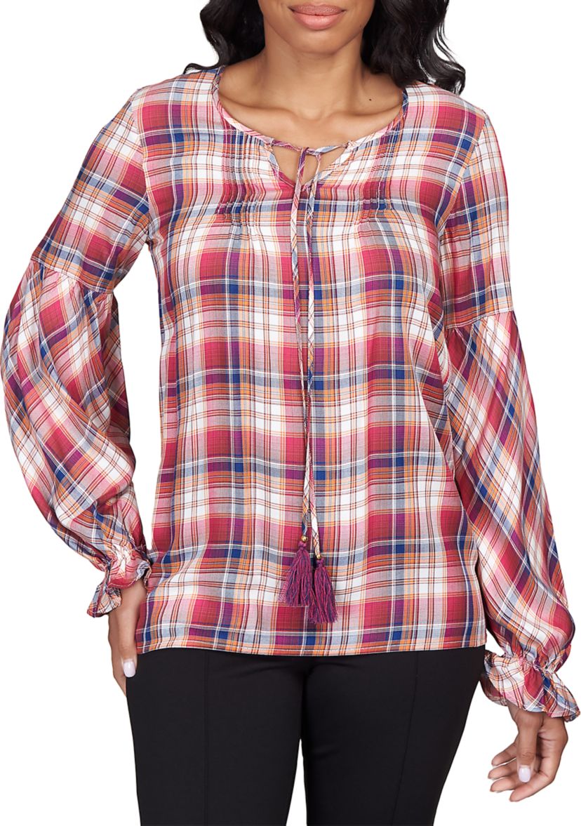 Womens Plaid Woven Top with Tassels