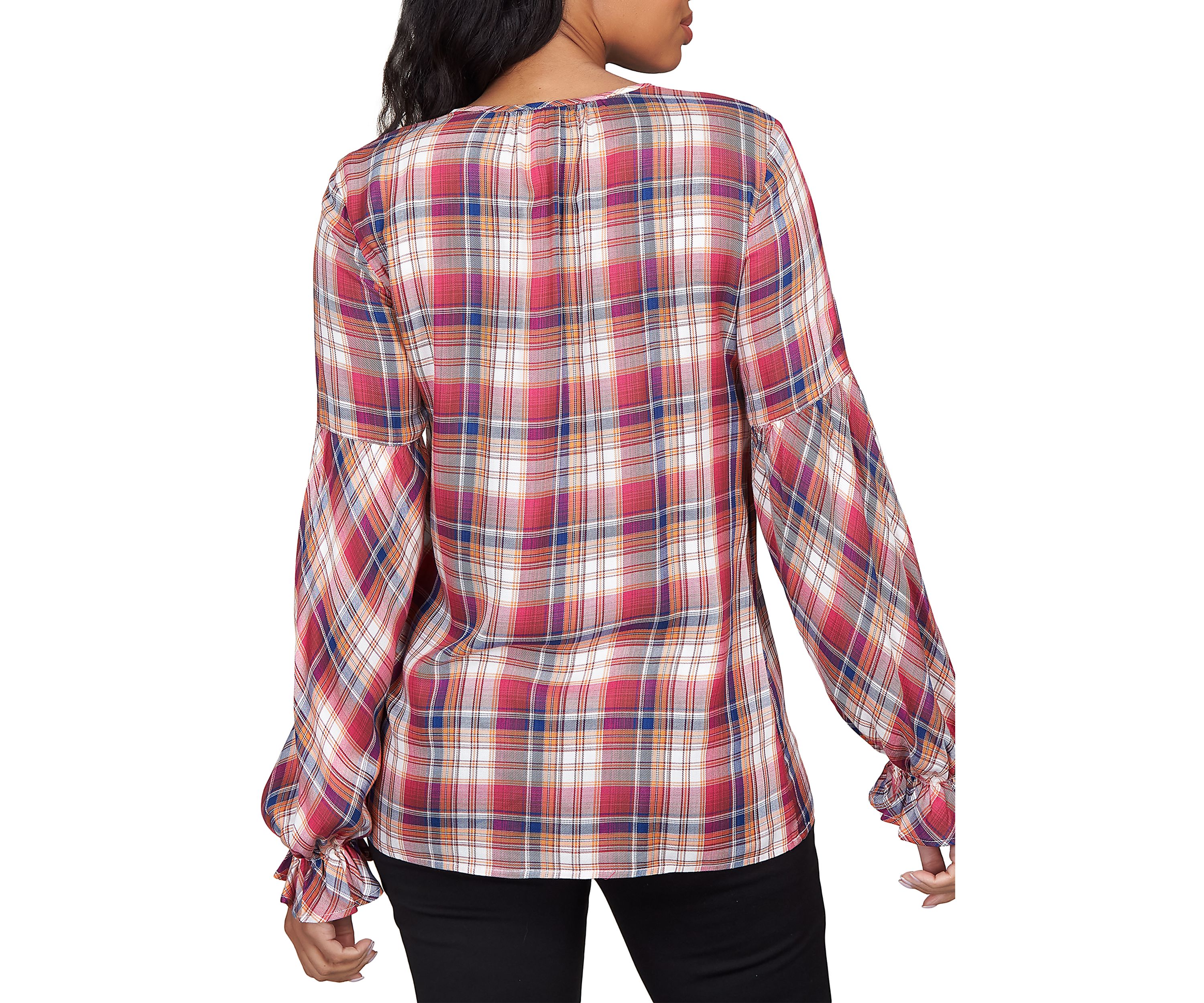 Womens Plaid Woven Top with Tassels