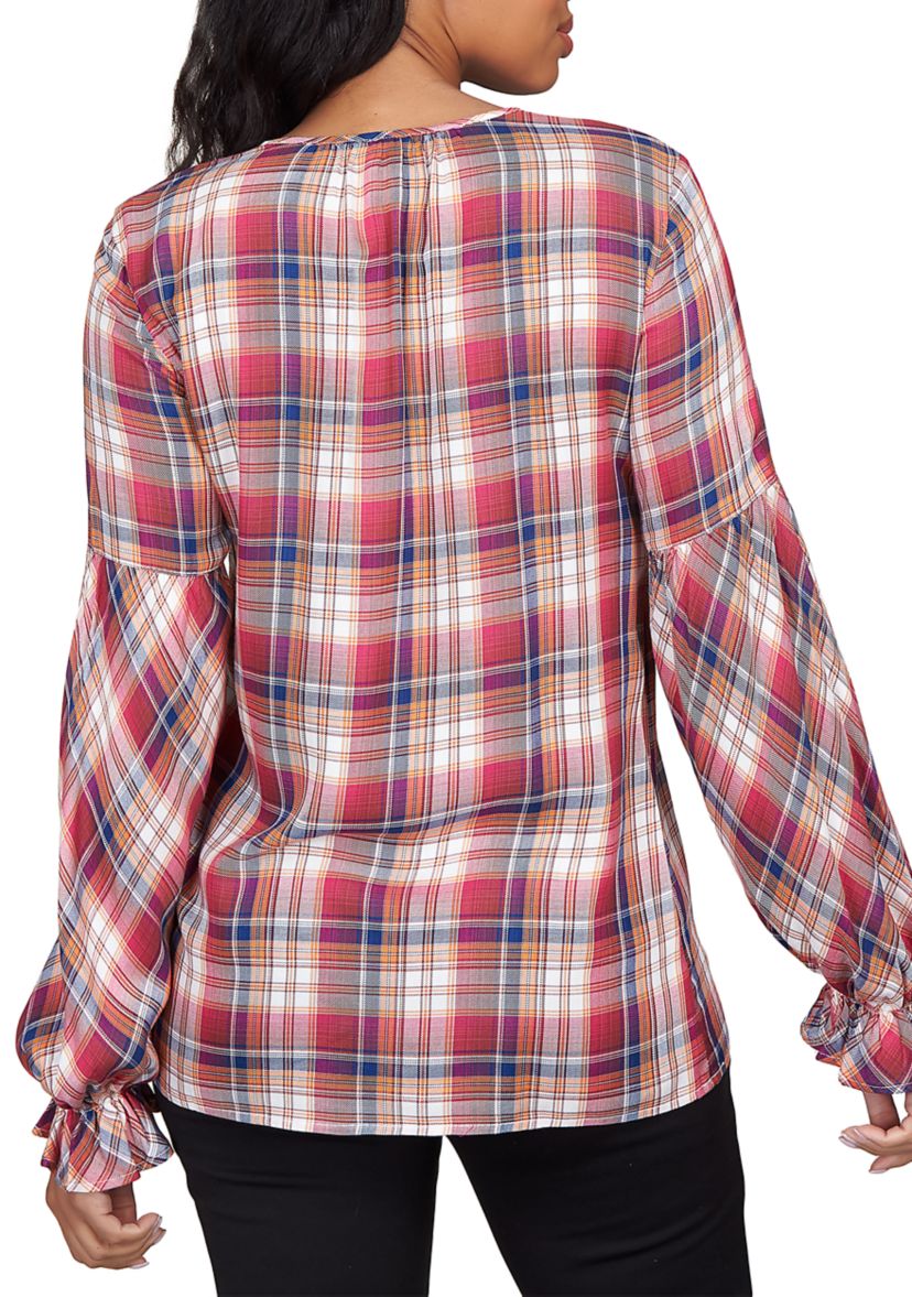 Womens Plaid Woven Top with Tassels
