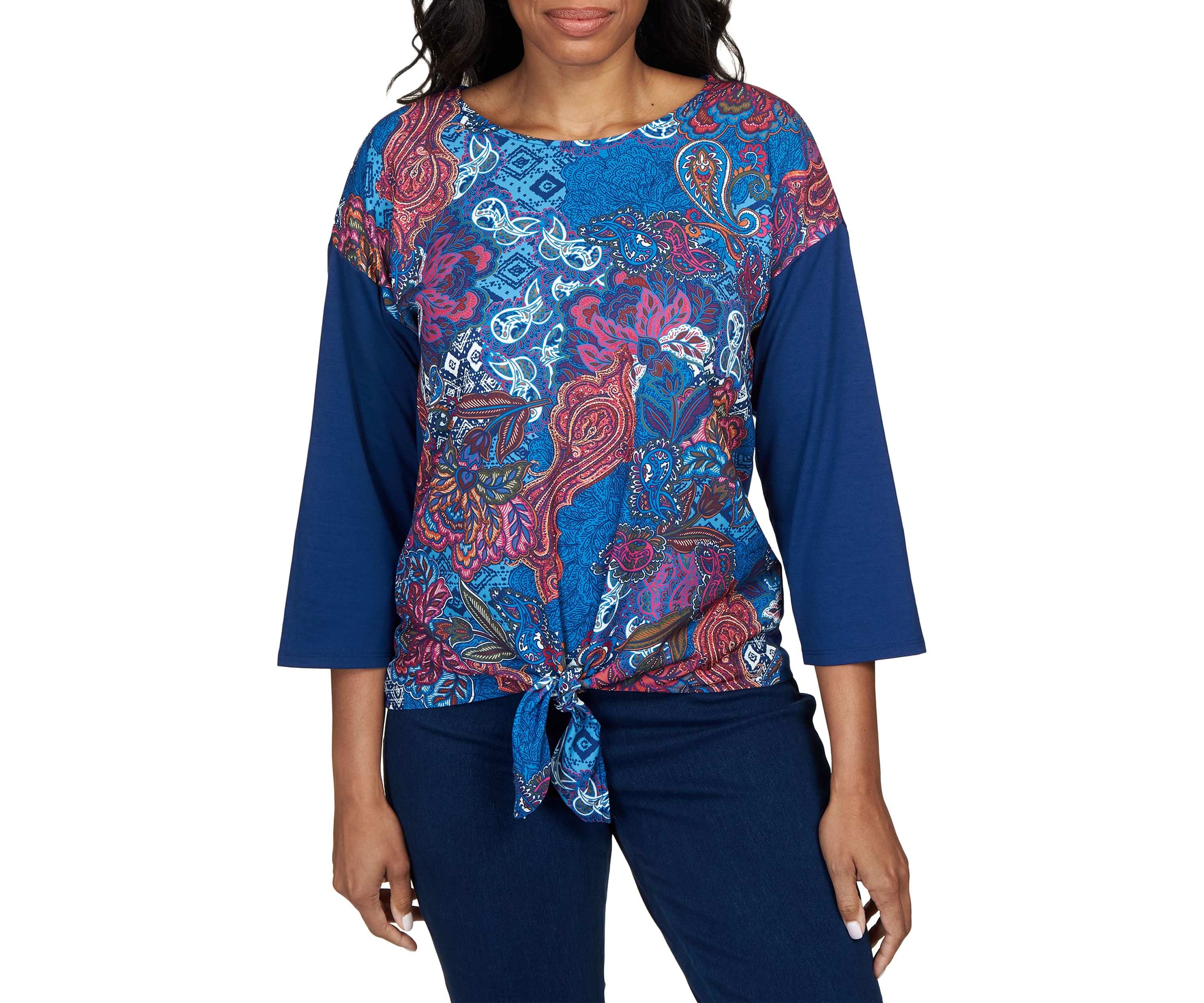 Womens Abstract Paisley Tie Front Mixed Knit Top