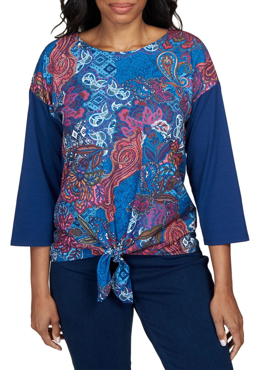 Womens Abstract Paisley Tie Front Mixed Knit Top