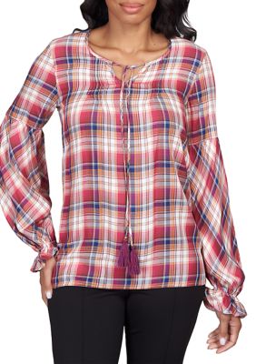 Plus Plaid Woven Shirt with Tassel