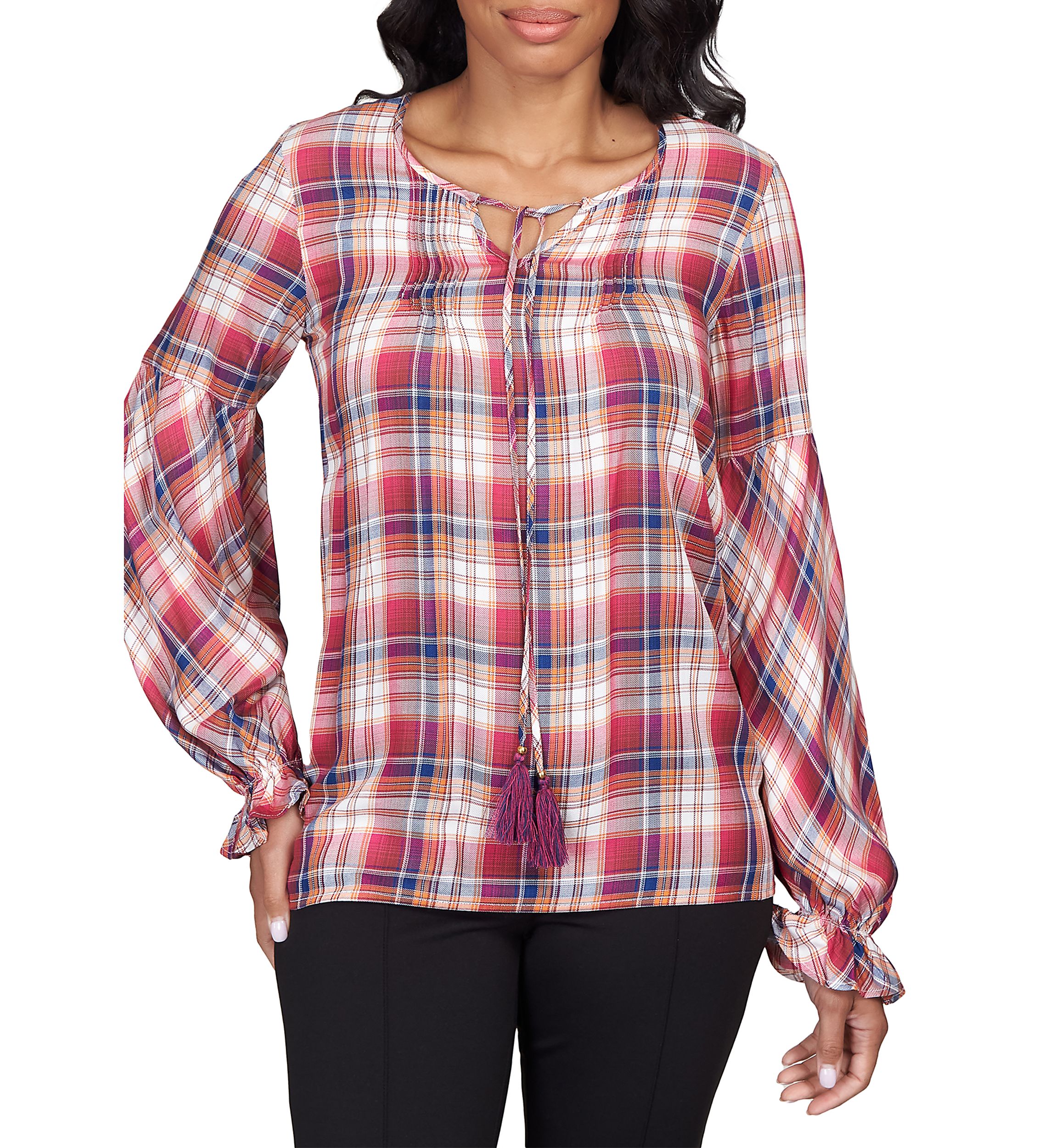Plus Size Plaid Woven Shirt with Tassel