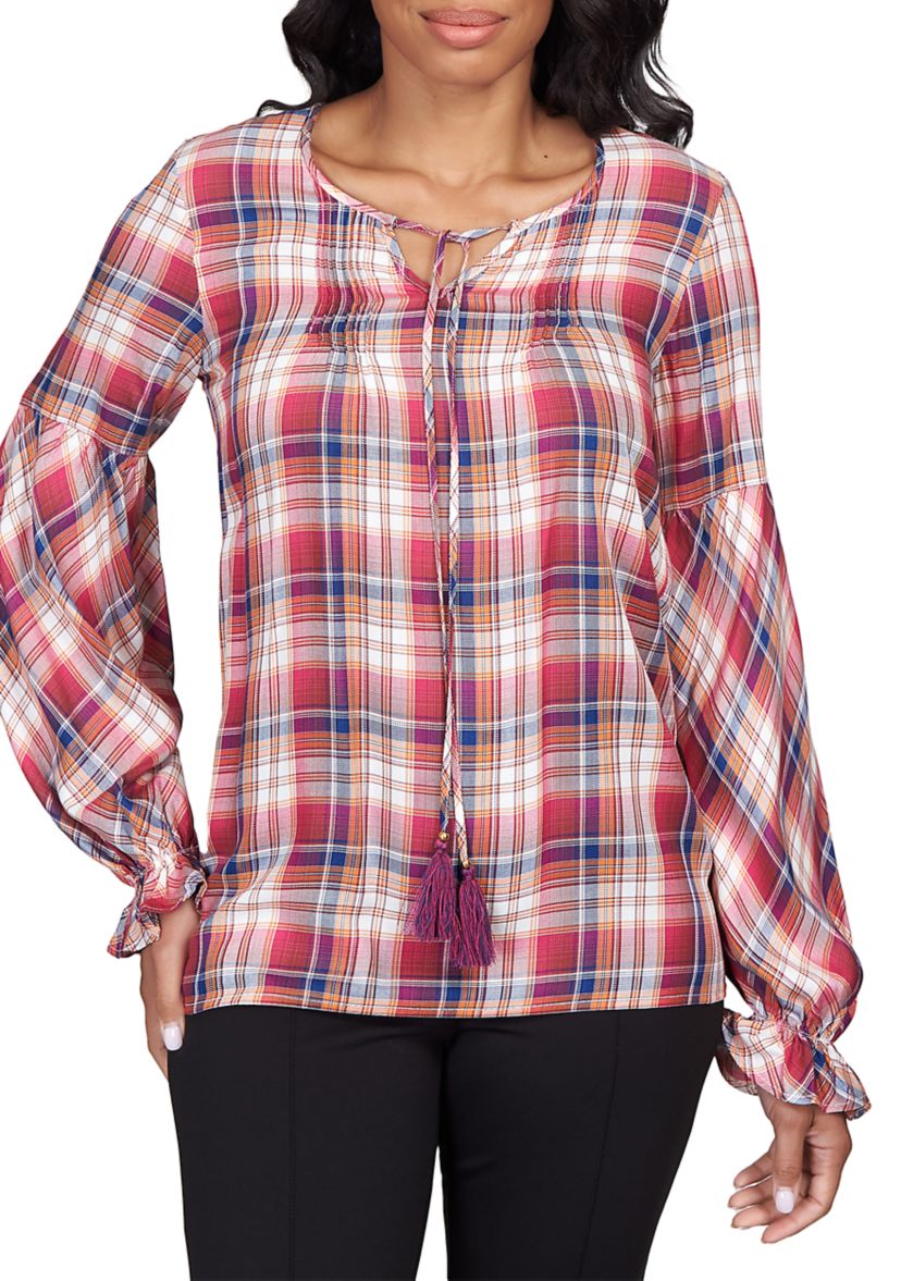 Plus Size Plaid Woven Shirt with Tassel