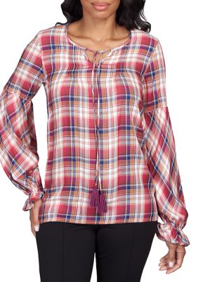 Petite Plaid Split Neck Top With Tassel Detail