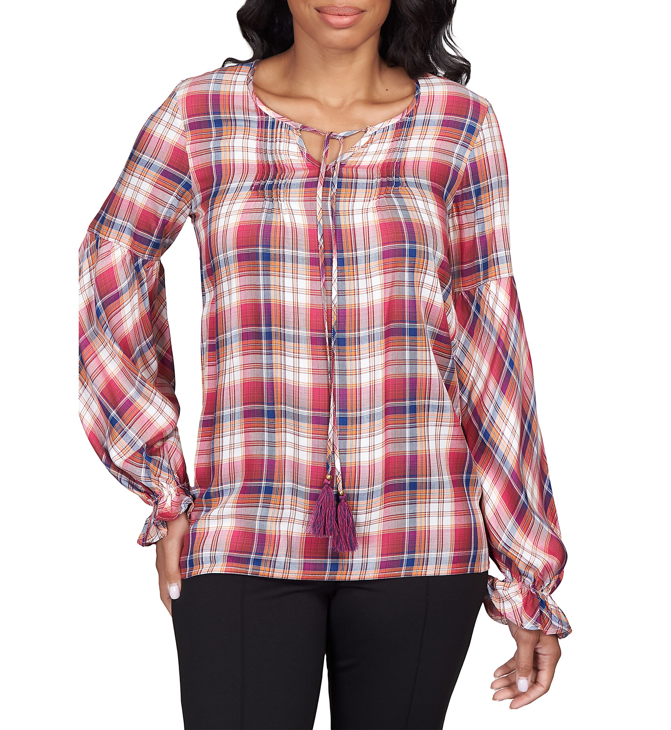 Petite Plaid Split Neck Top With Tassel Detail