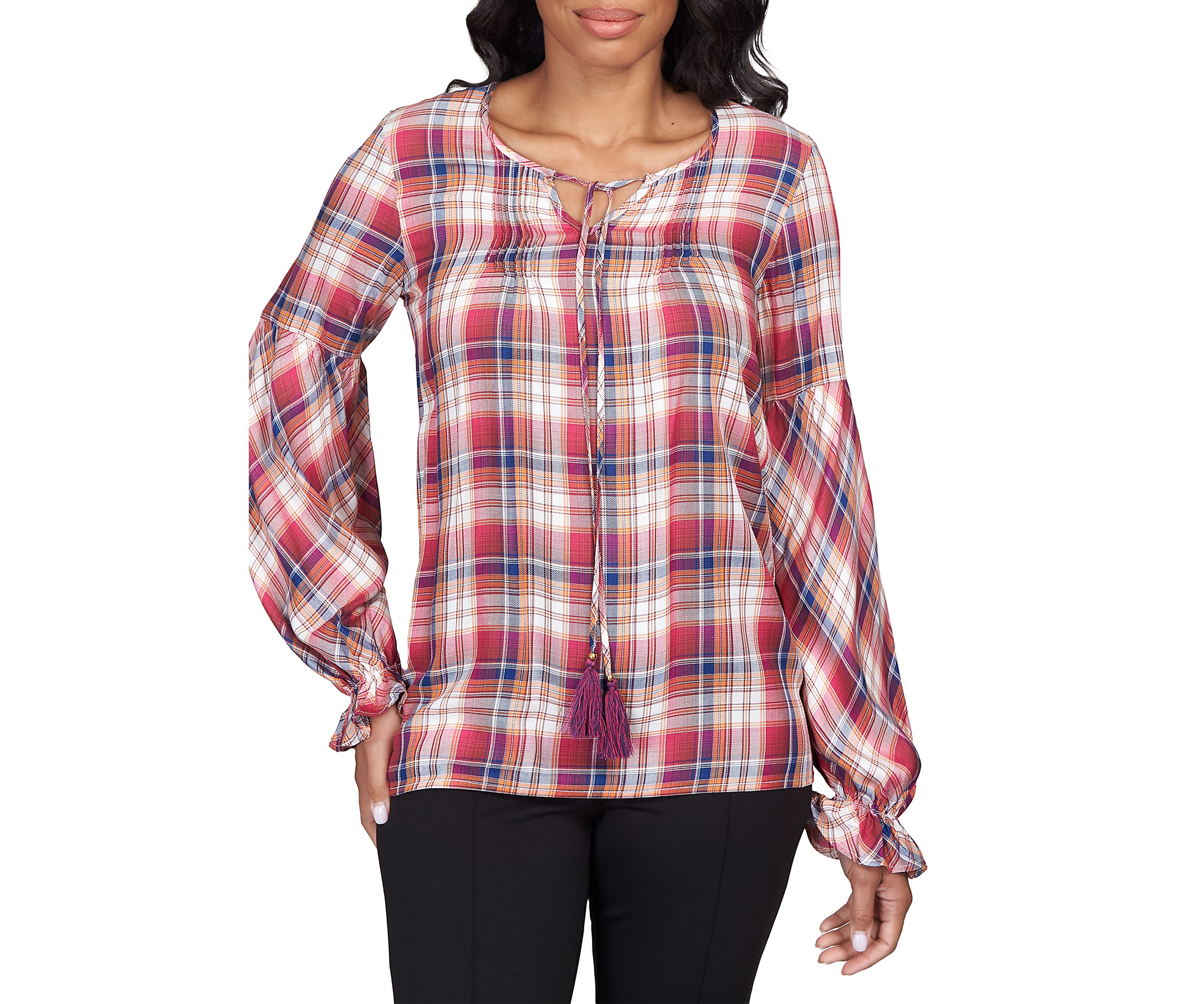 Petite Plaid Split Neck Top With Tassel Detail