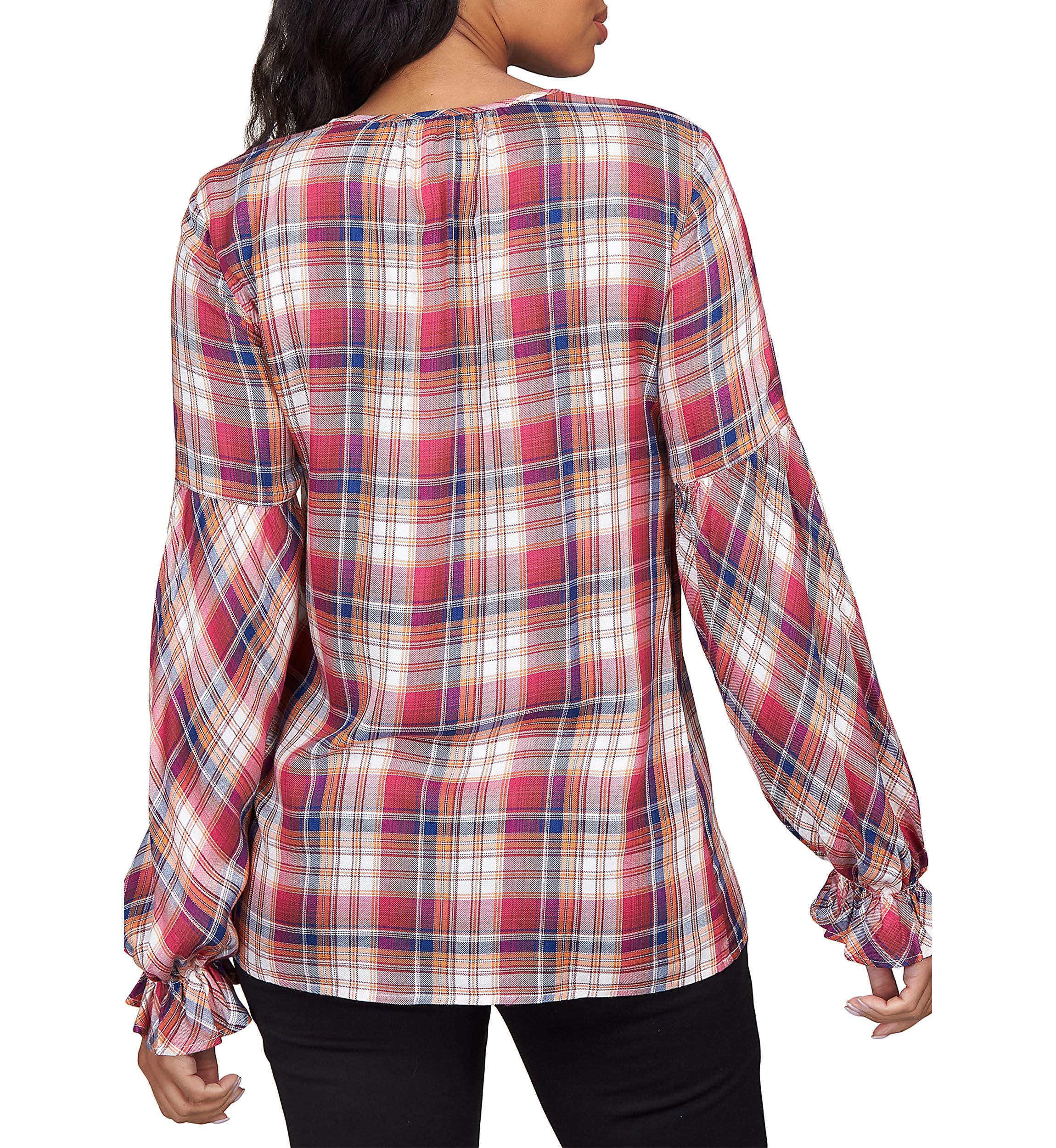 Petite Plaid Split Neck Top With Tassel Detail