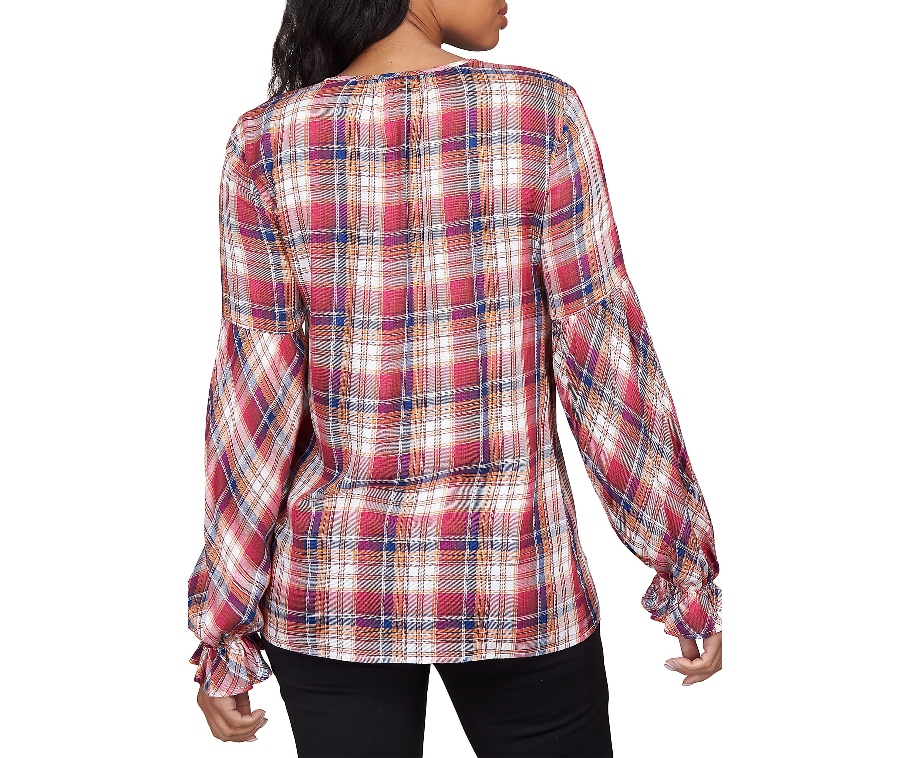 Petite Plaid Split Neck Top With Tassel Detail