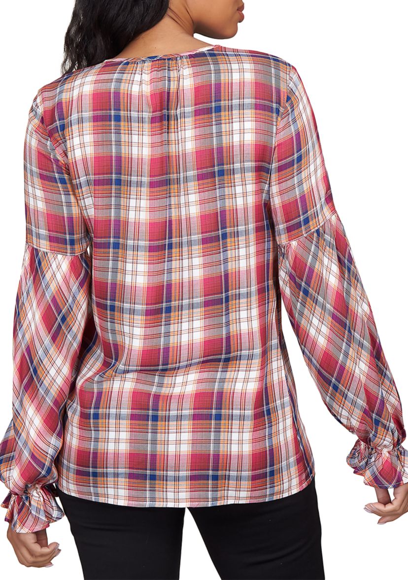 Petite Plaid Split Neck Top With Tassel Detail