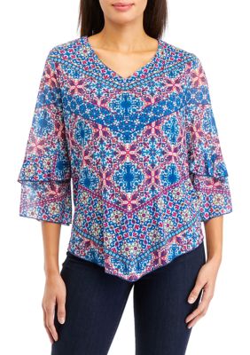 Ruby Rd. Plus Size Floral Print Knit Embellished 3/4 Sleeve Horseshoe Neck  Top