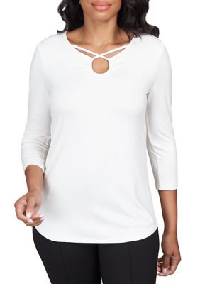 Petite Criss Cross Neckline Solid Jersey Top