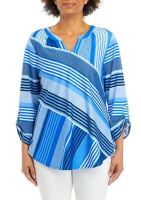 Women's Split Neck Patchwork Striped Knit Top