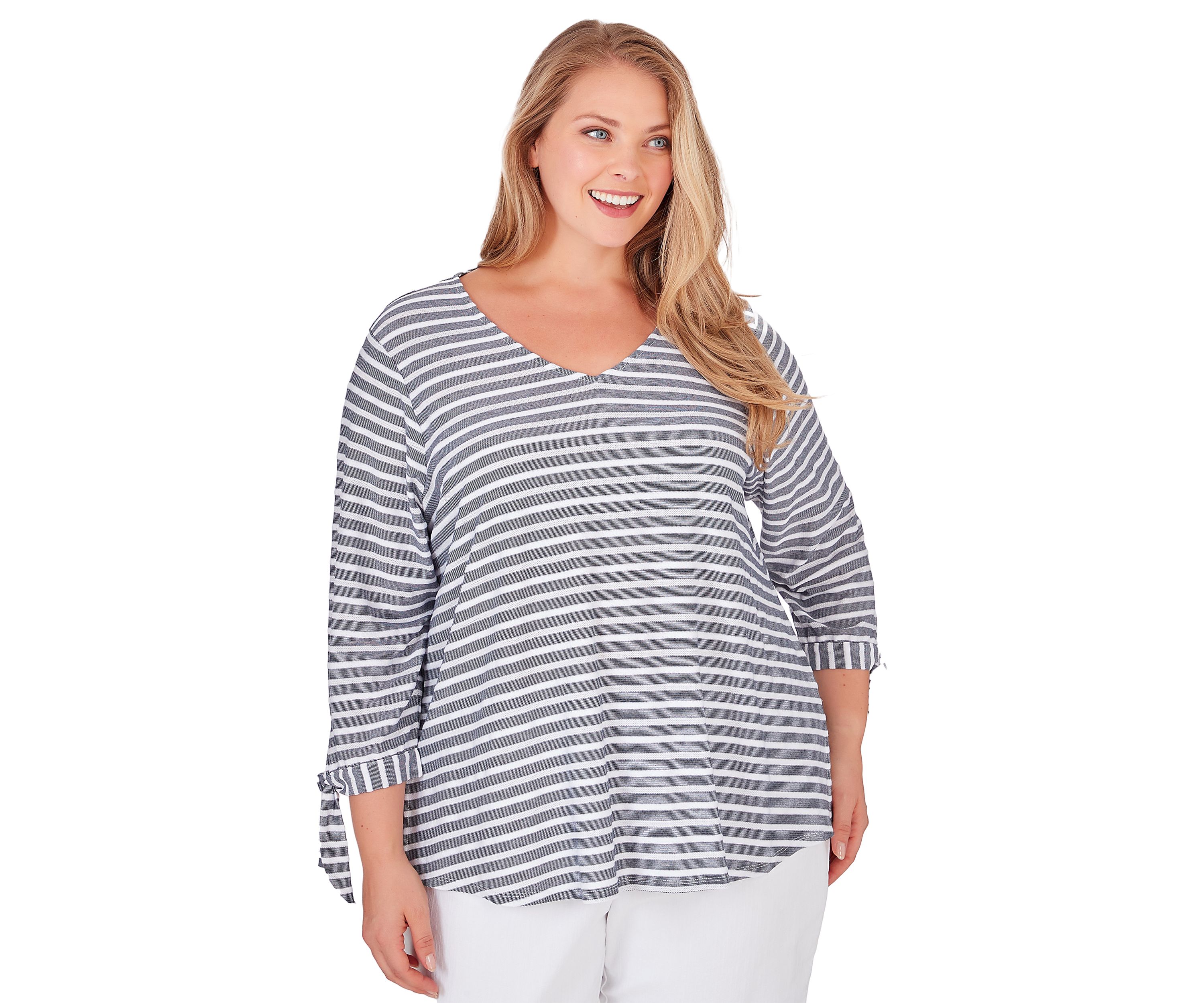 V-neck Lightweight Stripe Knit Top with Tie Sleeve Detail