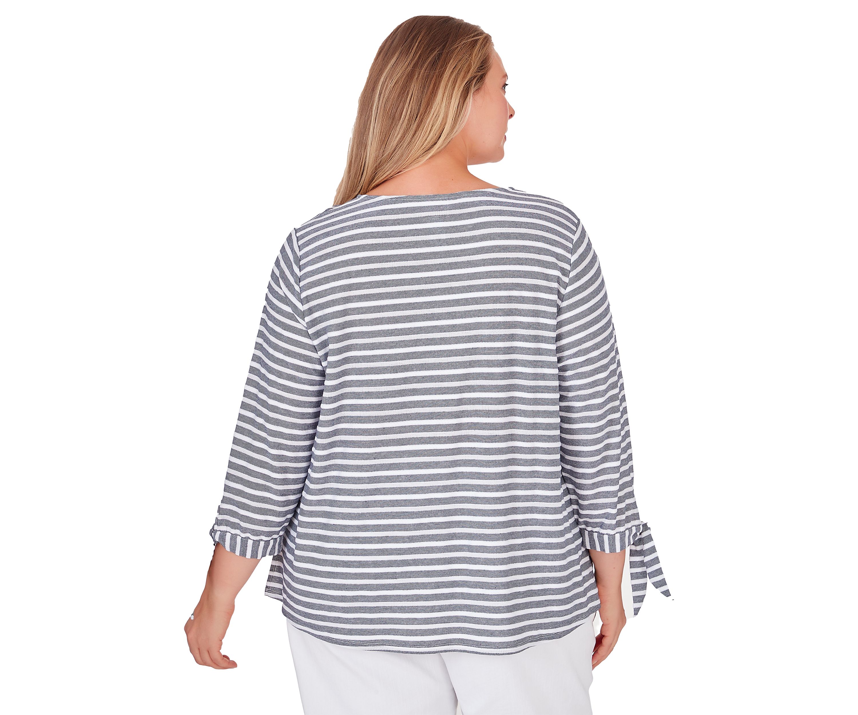 V-neck Lightweight Stripe Knit Top with Tie Sleeve Detail