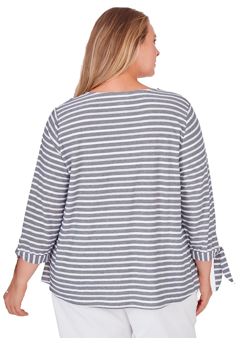 V-neck Lightweight Stripe Knit Top with Tie Sleeve Detail
