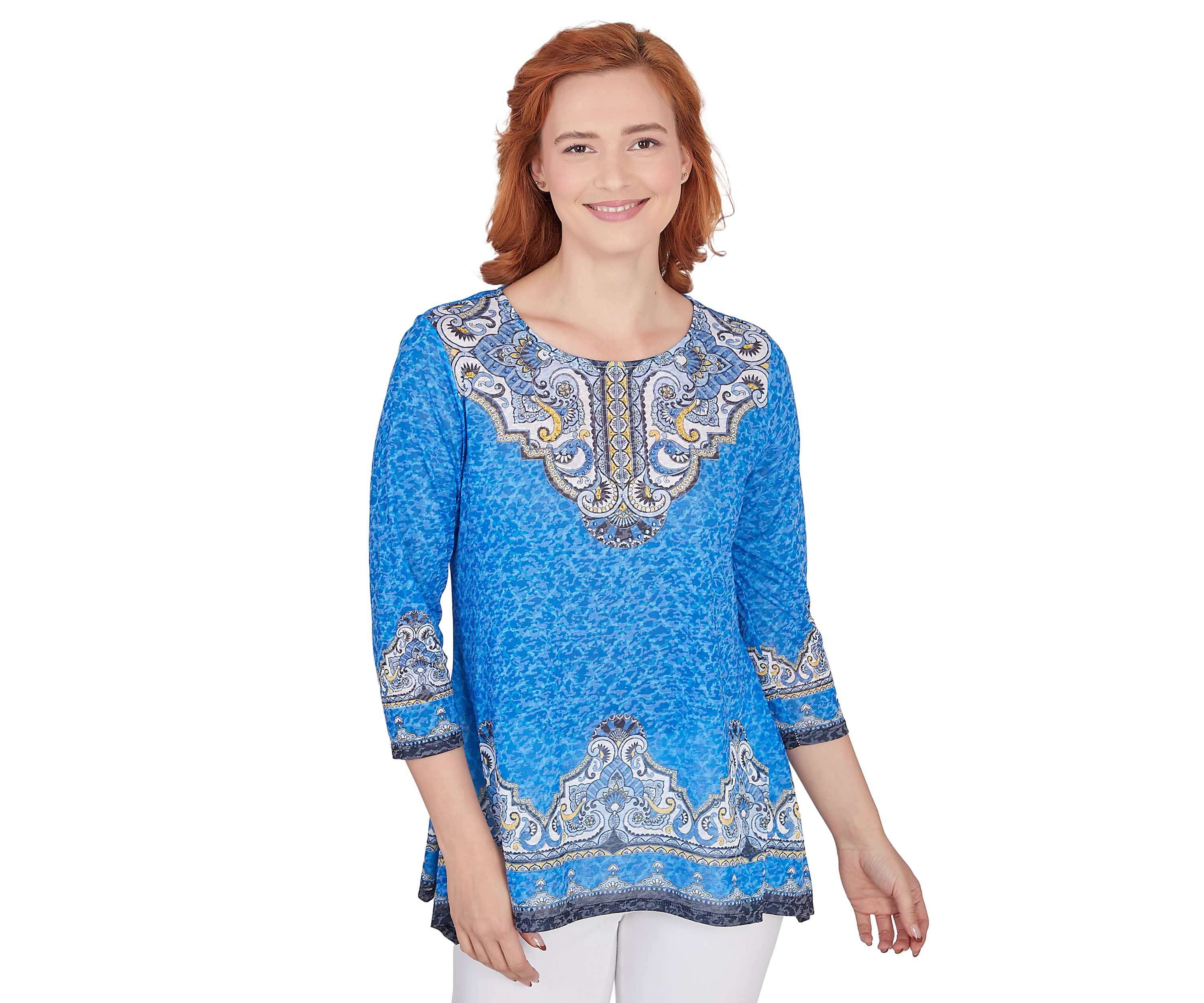 Petite Embellished Scoop Neck Marrakesh Border Print Sublimation Knit Top