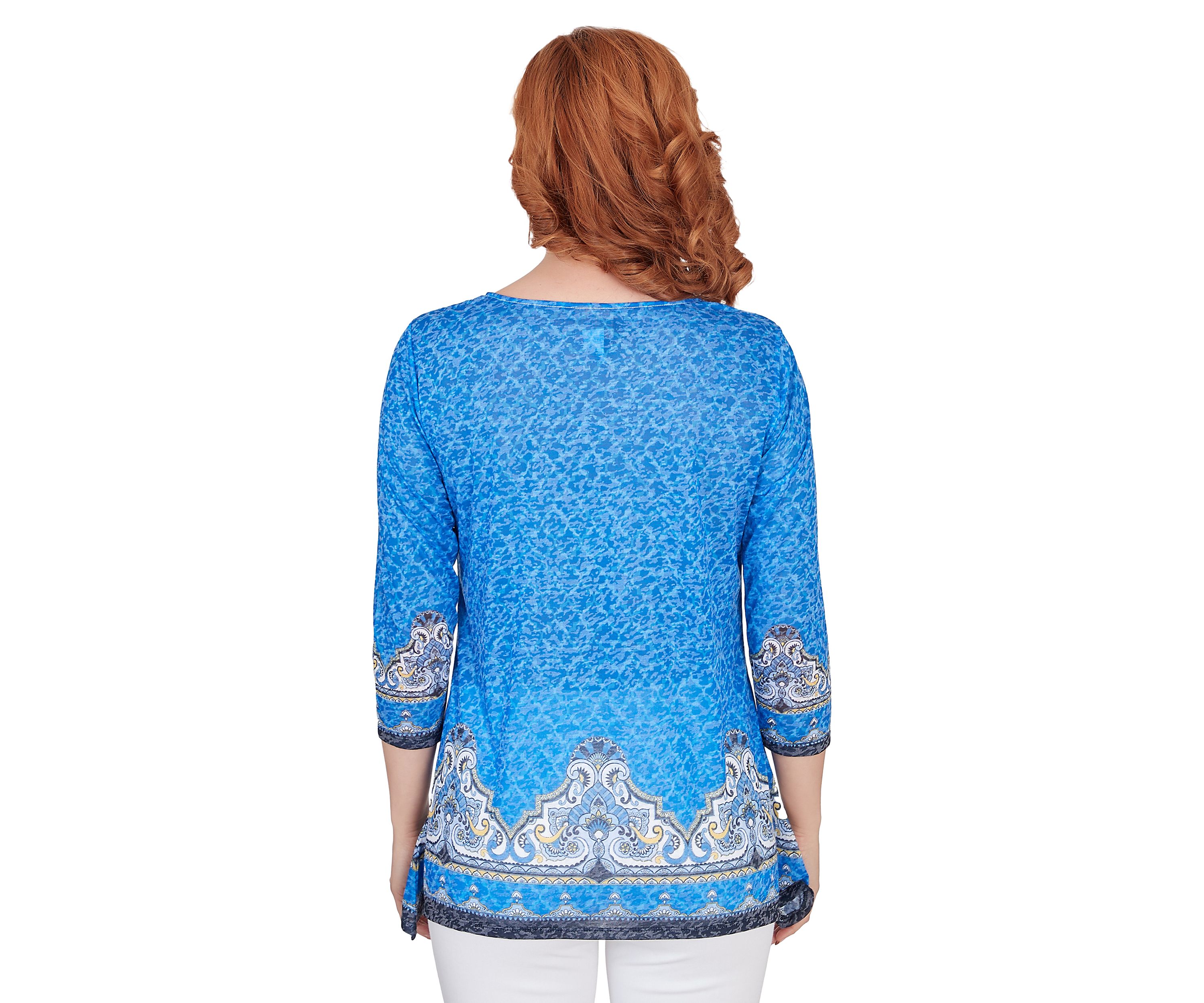 Petite Embellished Scoop Neck Marrakesh Border Print Sublimation Knit Top