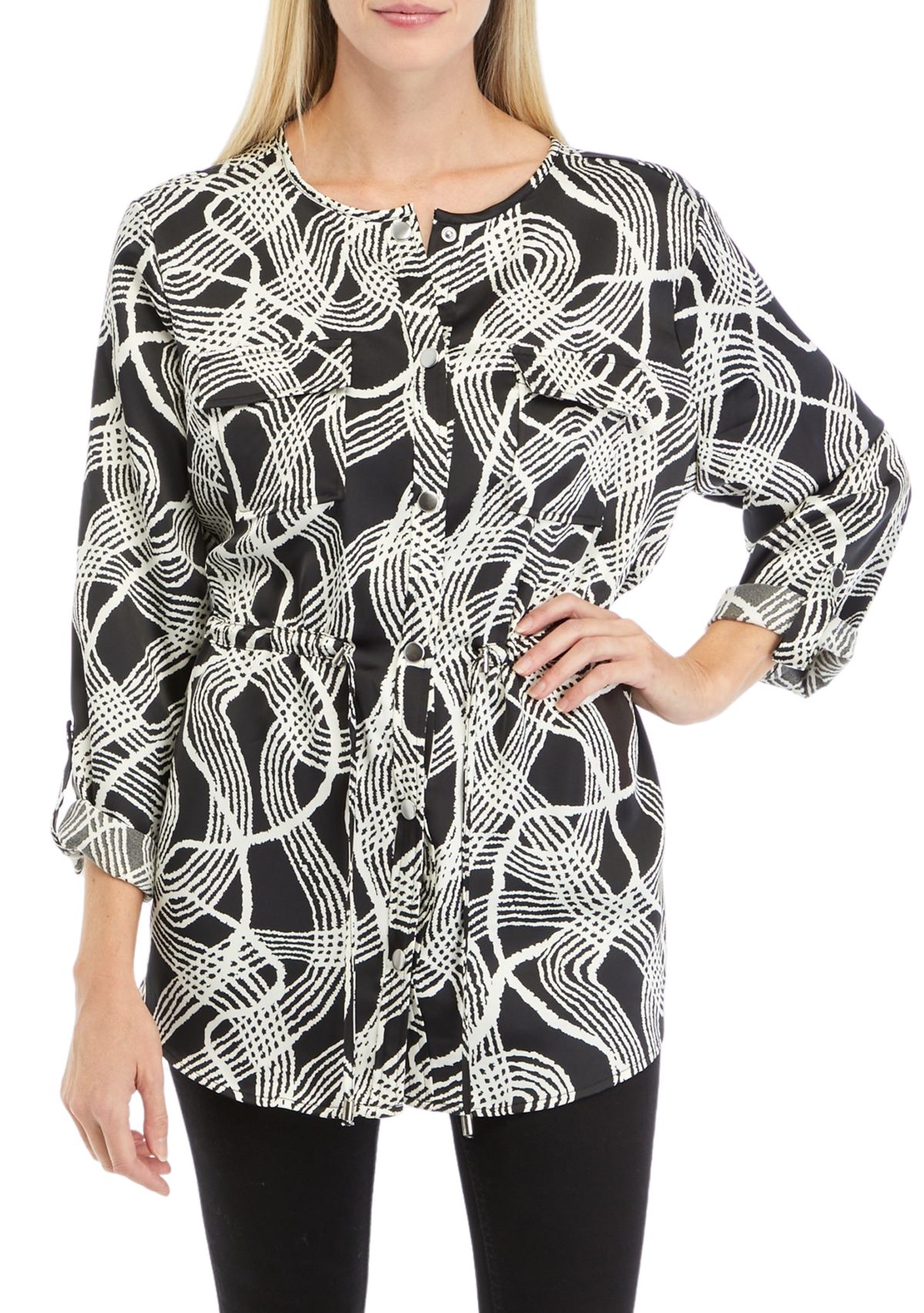 Womens Button Front Printed Charmeuse Jacket 