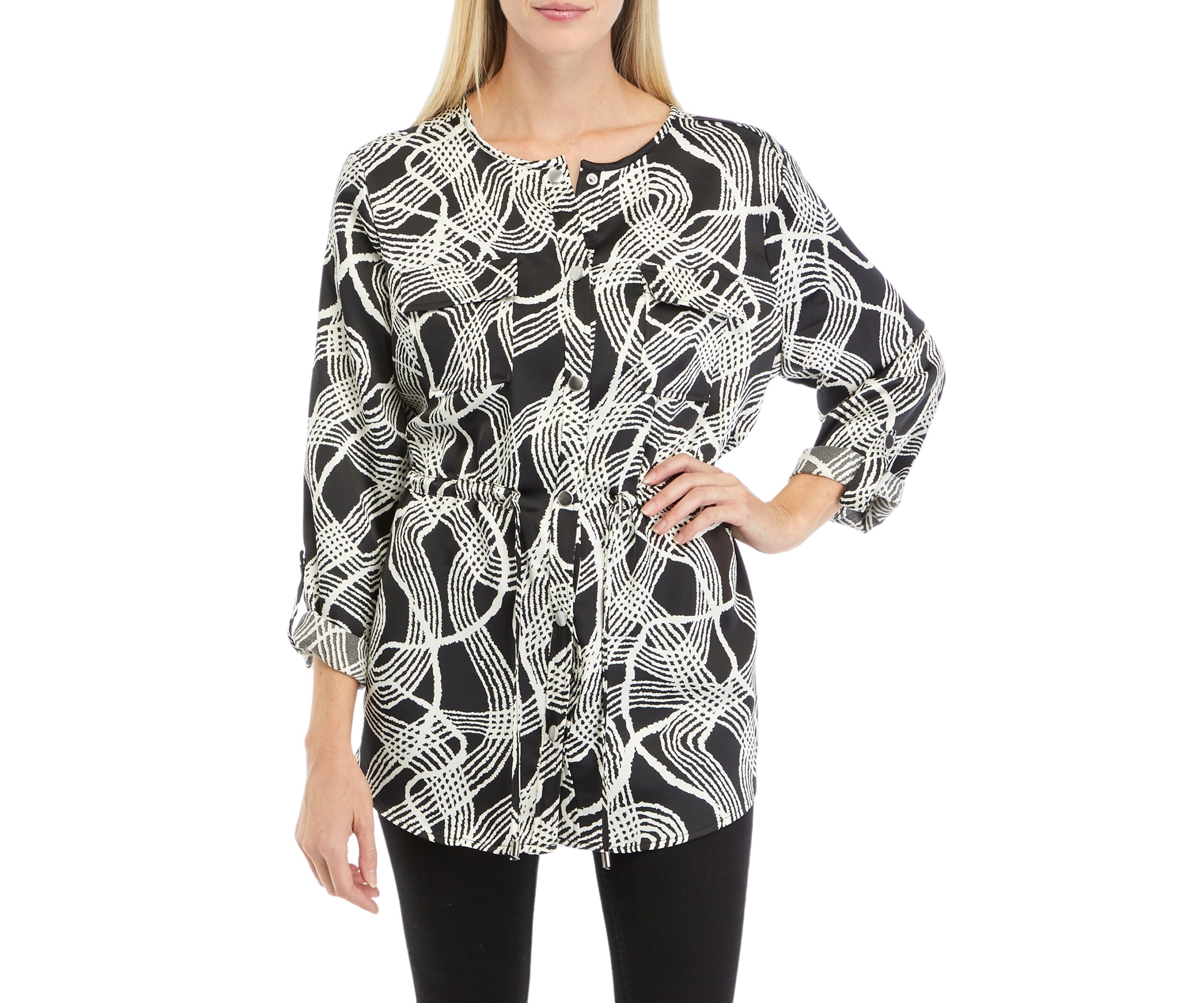 Womens Button Front Printed Charmeuse Jacket 