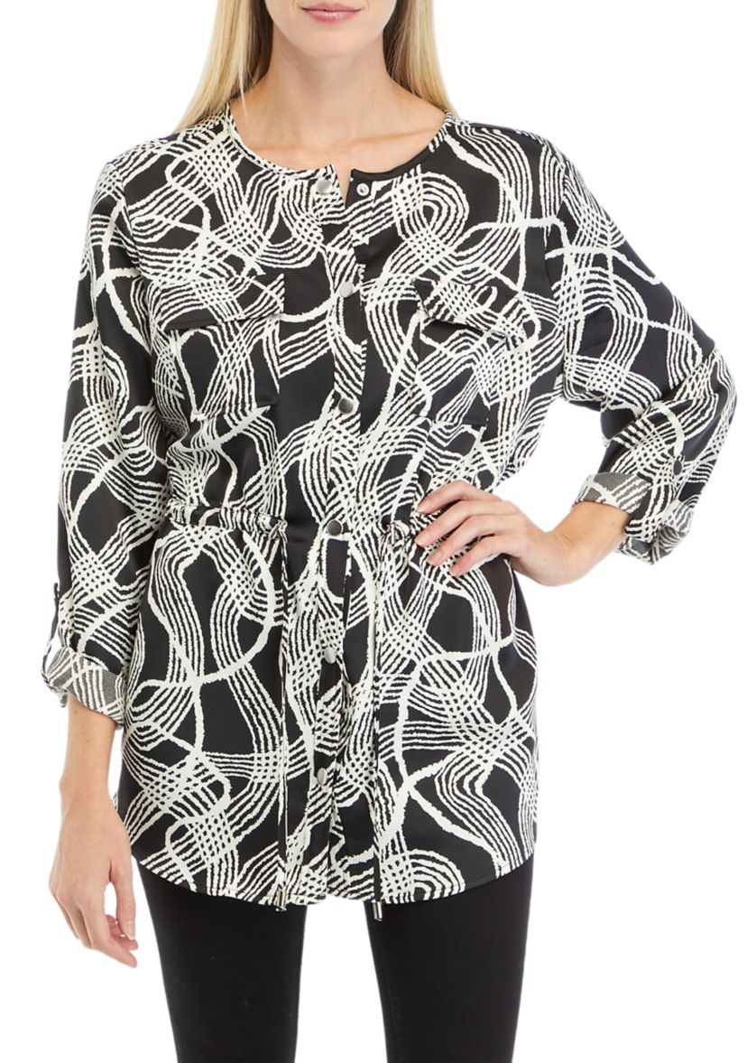 Womens Button Front Printed Charmeuse Jacket 
