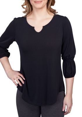 Ruby Rd Women's Petite Solid Notch Neck Puff Sleeve Top