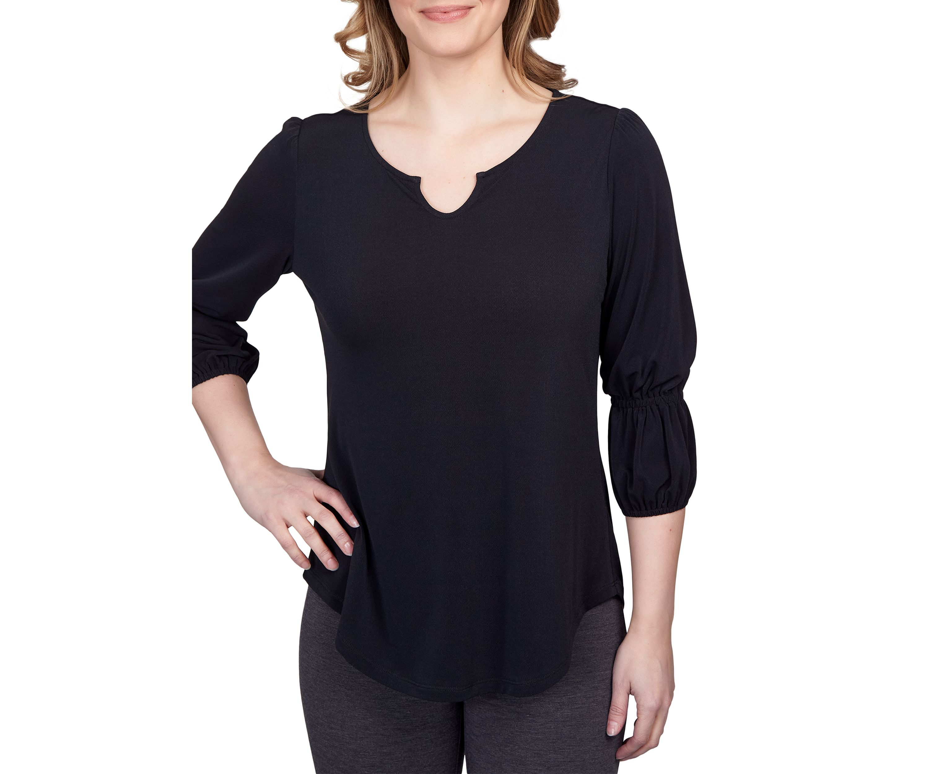 Petite Solid Notch Neck Puff Sleeve Top