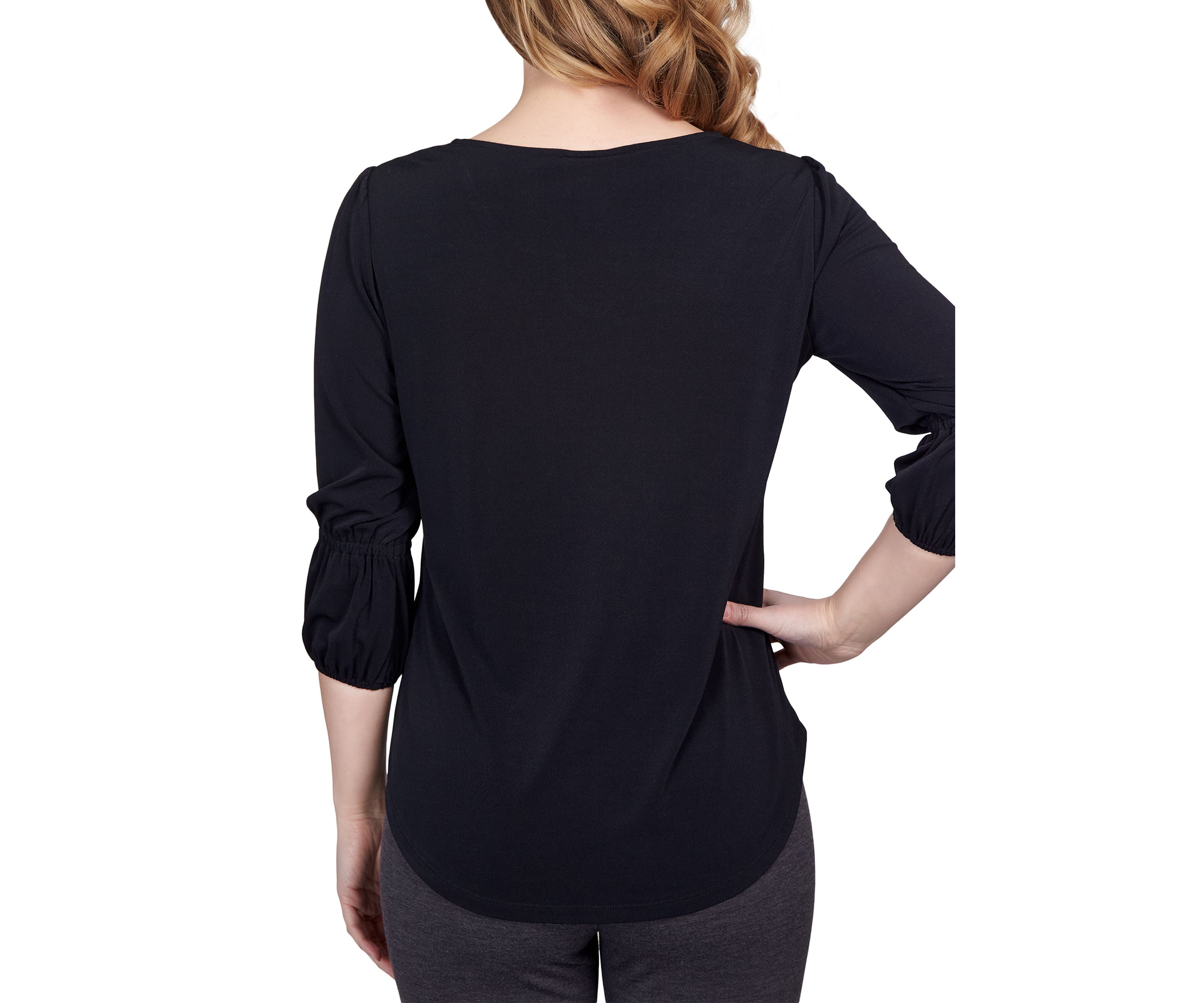 Petite Solid Notch Neck Puff Sleeve Top