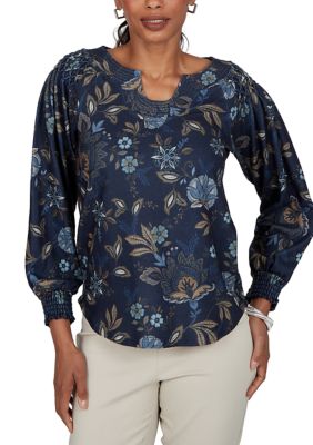 Ruby Rd Women's Floral Print Smocked Horseshoe Neck Top, Medium