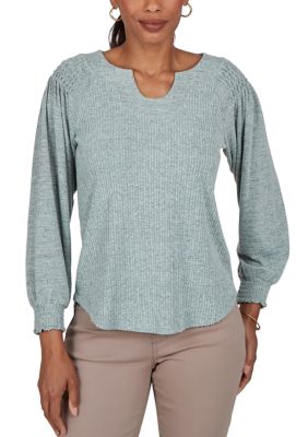 Ruby Rd Women's Smocked Horseshoe Neck Solid Ribbed Top