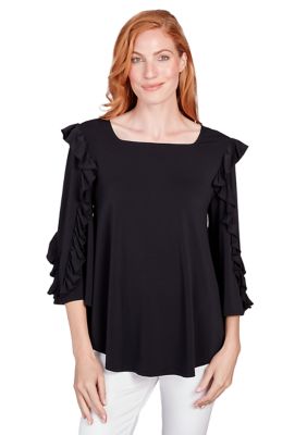 Women's Square Neck Solid Crepe Jersey Knit Top with Ruffle Sleeve Detail