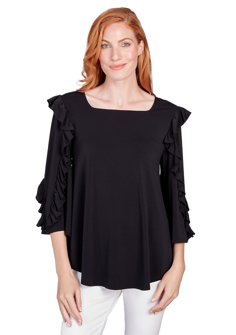 Womens Square Neck Solid Crepe Jersey Knit Top with Ruffle Sleeve Detail