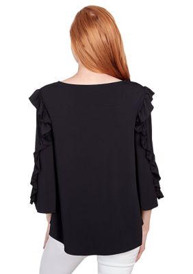 Women's Square Neck Solid Crepe Jersey Knit Top with Ruffle Sleeve Detail