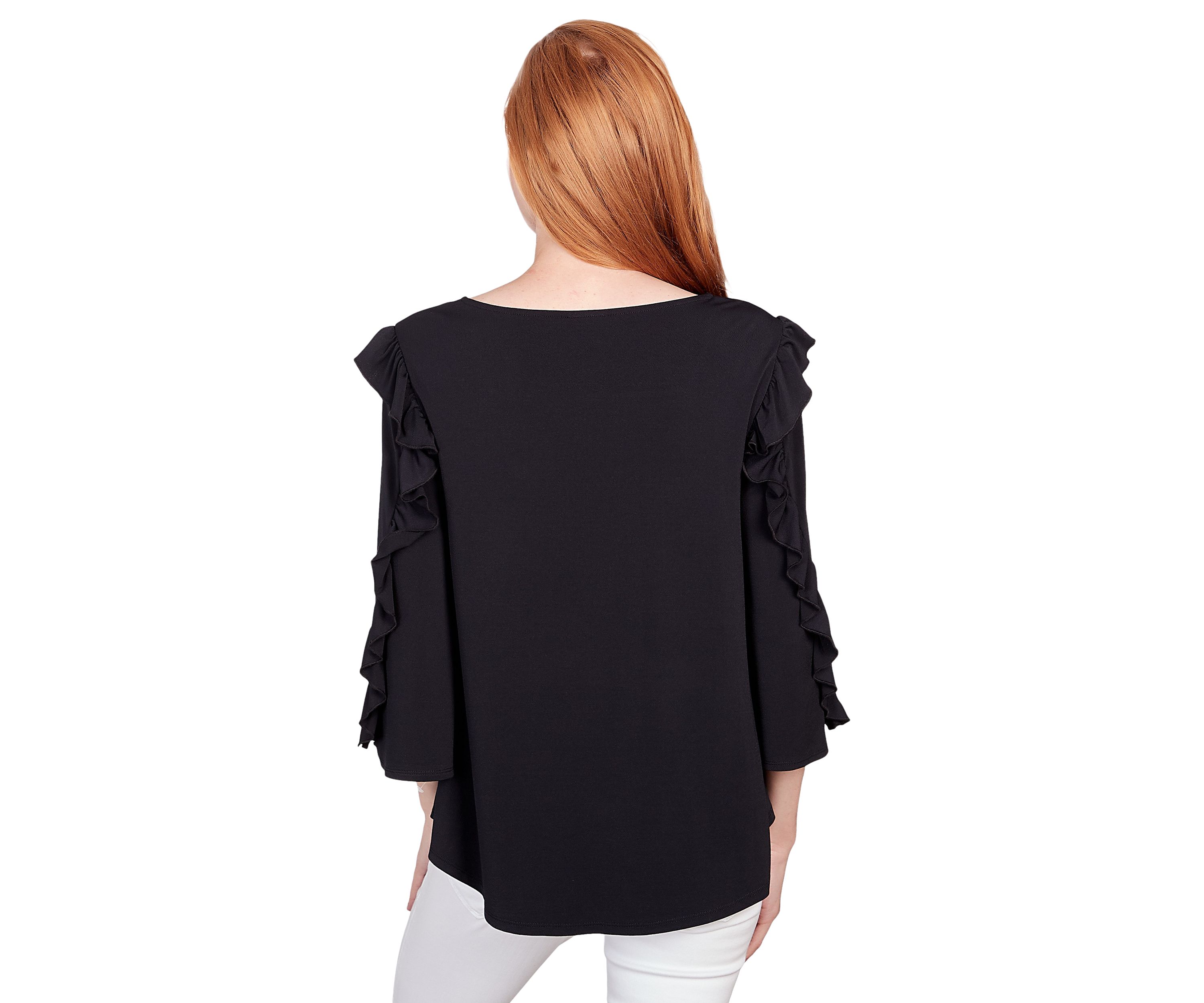 Womens Square Neck Solid Crepe Jersey Knit Top with Ruffle Sleeve Detail