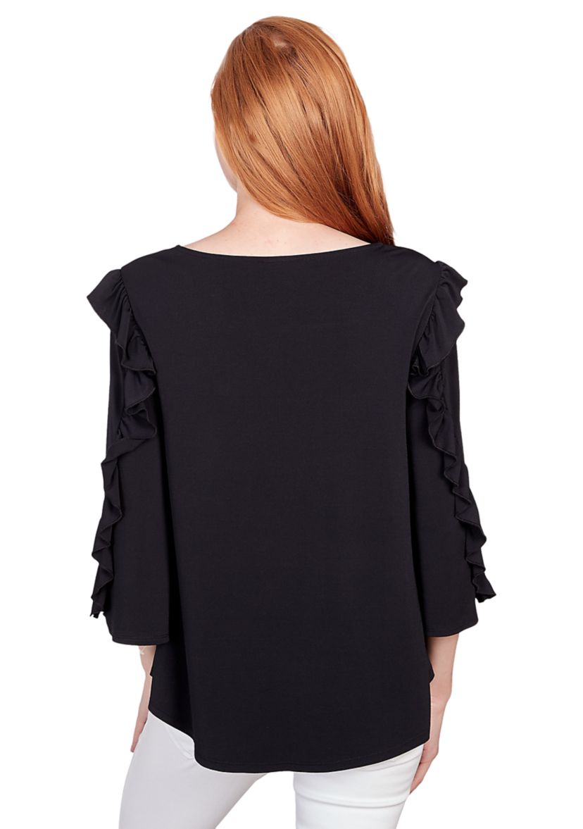 Womens Square Neck Solid Crepe Jersey Knit Top with Ruffle Sleeve Detail