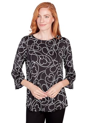 Women's Ballet Neck Dotted Heart Puff Print Top with Flounce Sleeves