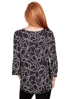 Women's Ballet Neck Dotted Heart Puff Print Top with Flounce Sleeves