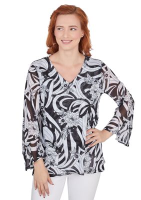 Women's V-Neck Swirly Floral Print Mesh Top with Asymmetric Hem and Flounce Bell Sleeves