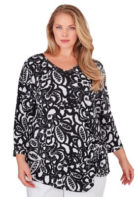  Plus Size Tops For Women Lace Sleeve Blouse Waffle Knit Long  Sleeve Shirts Floral Printed Black-2X