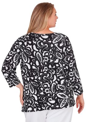 Ruby Rd Womens Plus Size Printed 34 Sleeve Knit Top with Sharkbite Hem  Embellished Olive Animal Stripe 2X * For more informat…