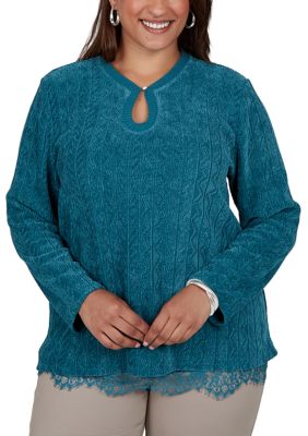 Ruby Rd Women's Plus Size Pointelle Chenille Keyhole Two-in-One Top, 3XL