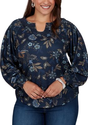 Ruby Rd Women's Plus Size Floral Print Smocked Horseshoe Neck Top, 3XL