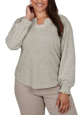 Ruby Rd Women's Plus Size Smocked Horseshoe Neck Solid Ribbed Top, 3XL