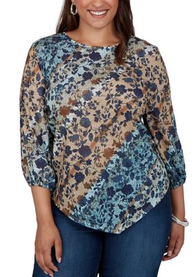 Ruby Rd Women's Plus Size Floral Stripe Asymmetric Hem Top, 3XL