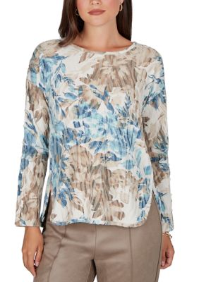 Ruby Rd Women's Petite Winter Bouquet Print Textured Knit Top, PXL