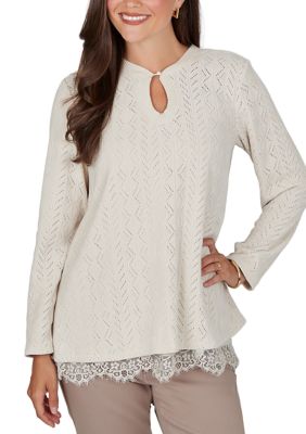 Ruby Rd Women's Petite Pointelle Chenille Keyhole Two-in-One Top, PXL