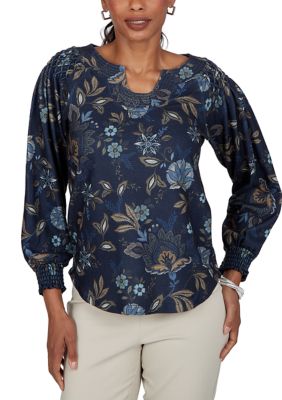 Ruby Rd Women's Petite Floral Print Smocked Horseshoe Neck Top, PXL